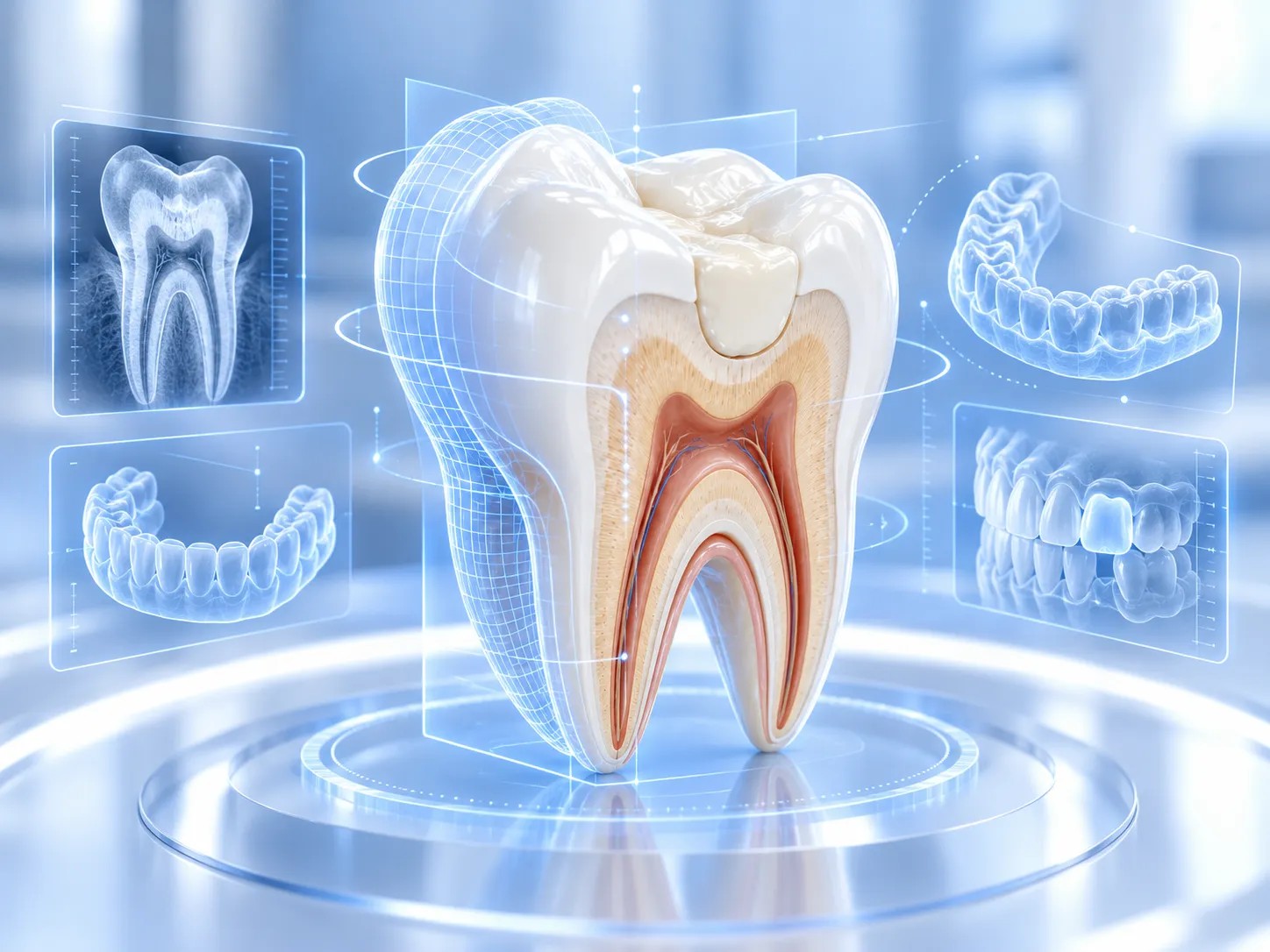 Diş muayenesi ve tedavi planlaması hakkında temsili 3B dental illüstrasyon; gerçek hasta veya tedavi sonucu fotoğrafı değildir.
