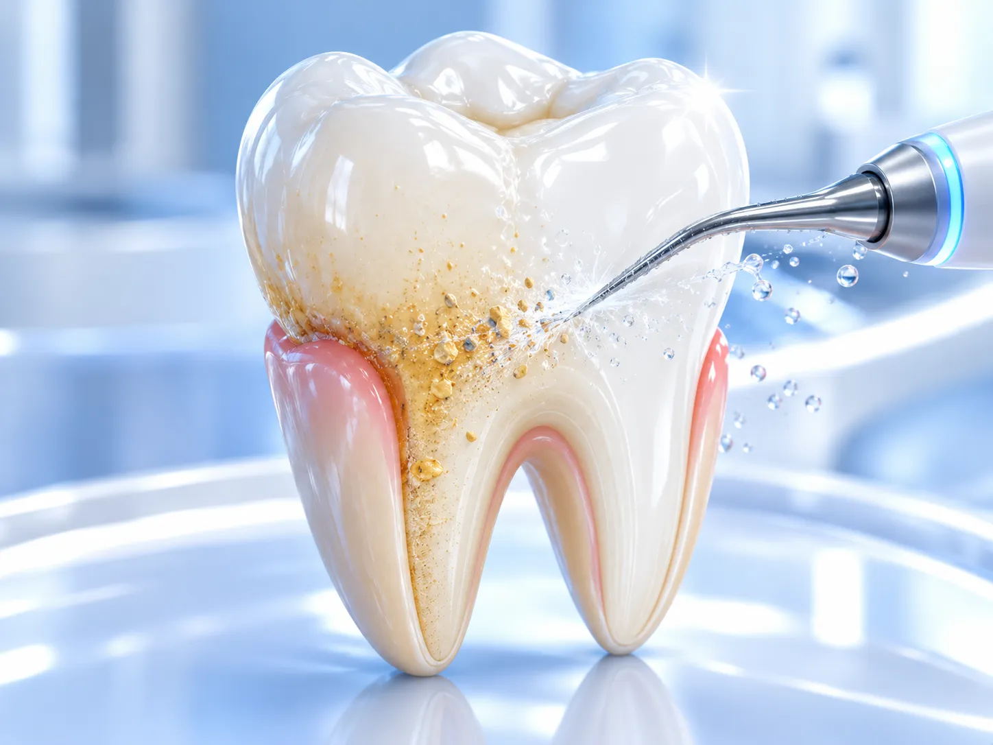 Diş temizliği ve koruyucu bakım hakkında temsili 3B dental illüstrasyon; gerçek hasta veya tedavi sonucu fotoğrafı değildir.