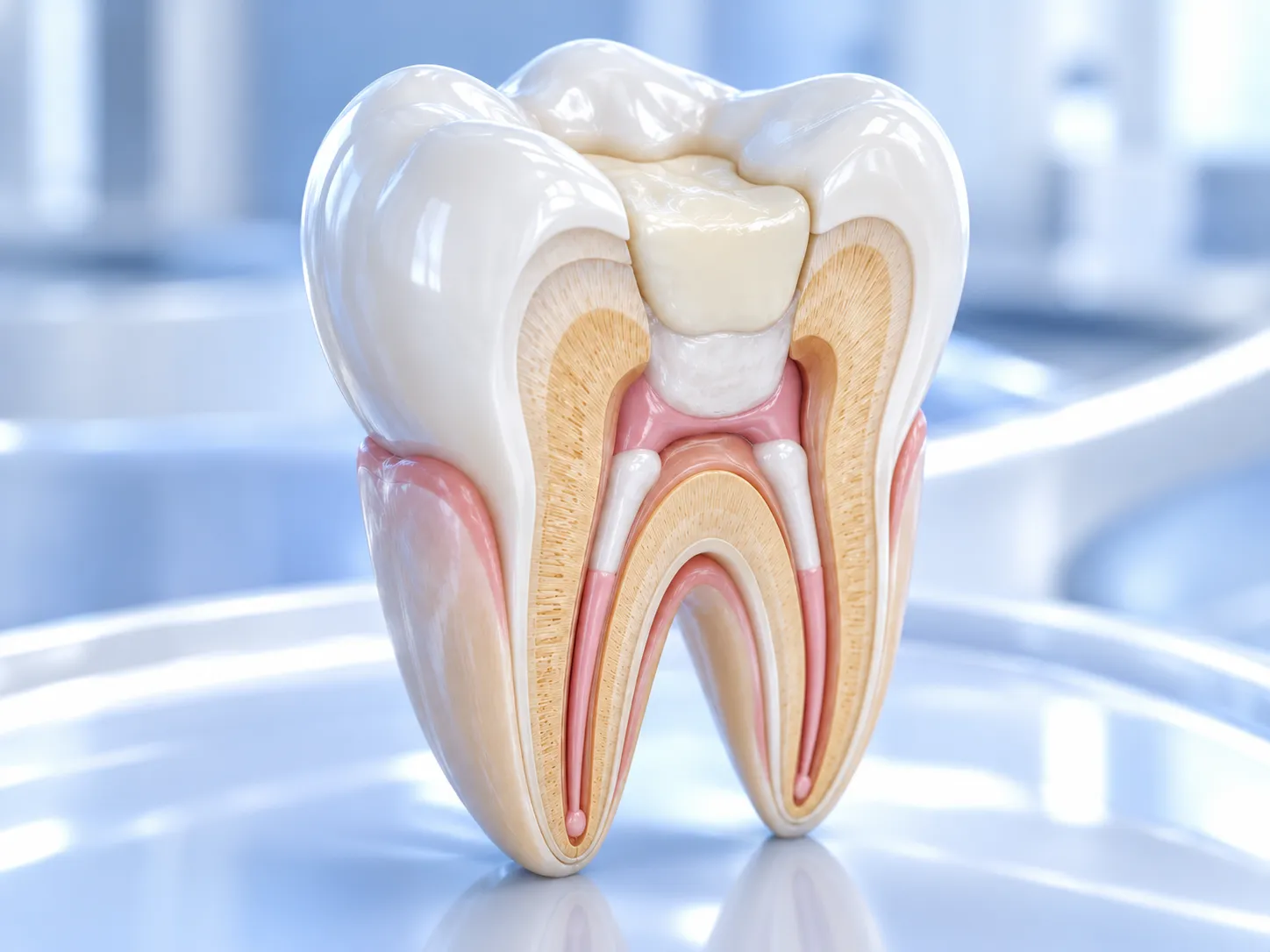 Kanal tedavisi hakkında temsili 3B dental illüstrasyon; gerçek hasta veya tedavi sonucu fotoğrafı değildir.