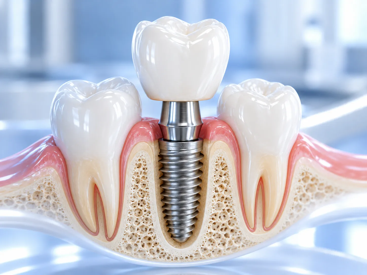 Dental implantlar hakkında temsili 3B dental illüstrasyon; gerçek hasta veya tedavi sonucu fotoğrafı değildir.