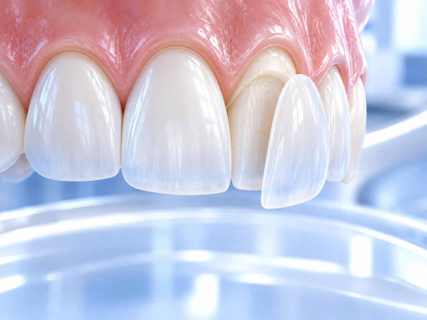 Porselen laminalar hakkında temsili 3B dental illüstrasyon; gerçek hasta veya tedavi sonucu fotoğrafı değildir.