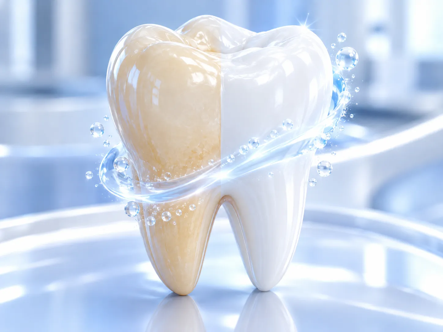 Diş beyazlatma hakkında temsili 3B dental illüstrasyon; gerçek hasta veya tedavi sonucu fotoğrafı değildir.