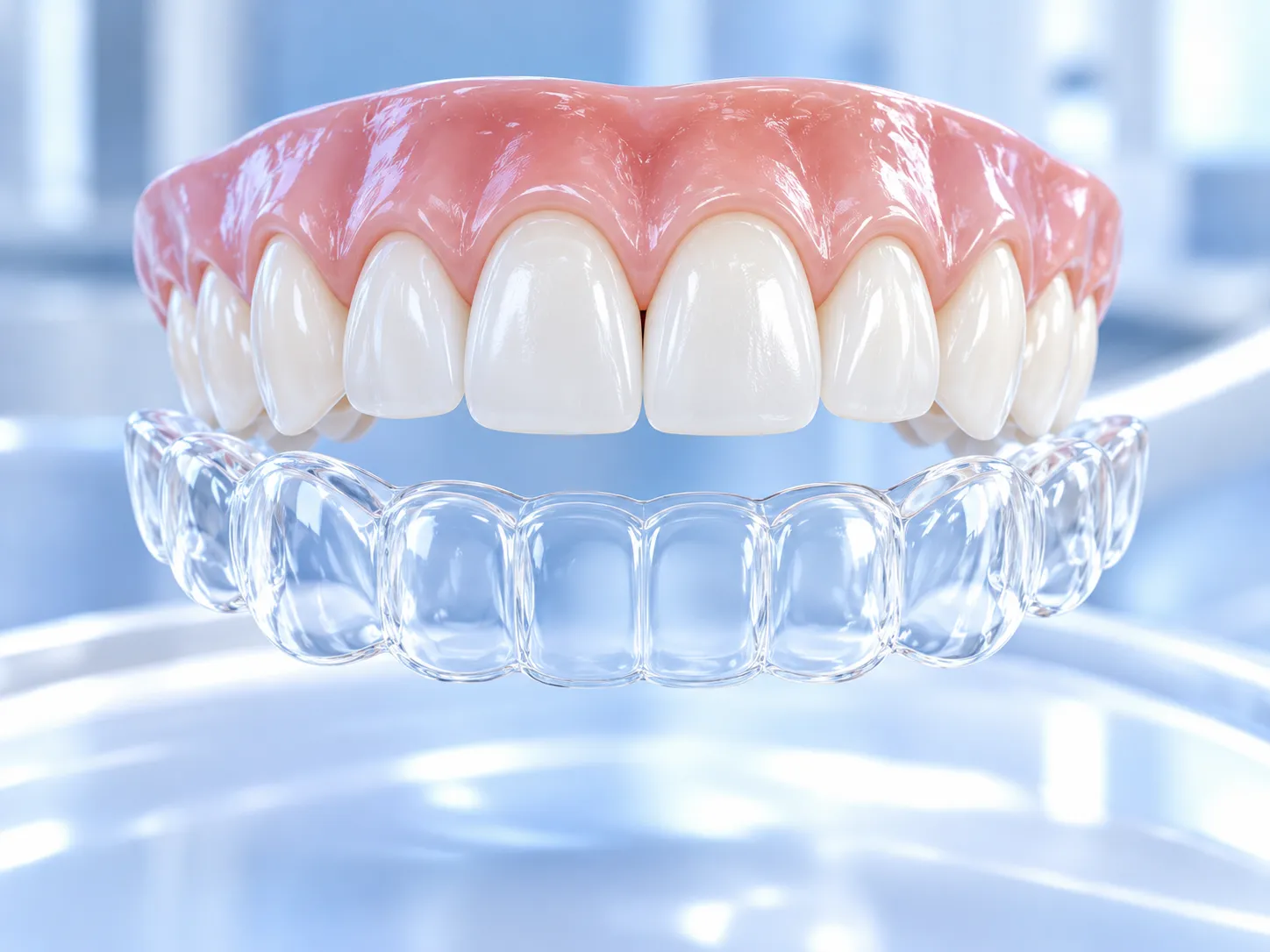 Şeffaf plaklar hakkında temsili 3B dental illüstrasyon; gerçek hasta veya tedavi sonucu fotoğrafı değildir.