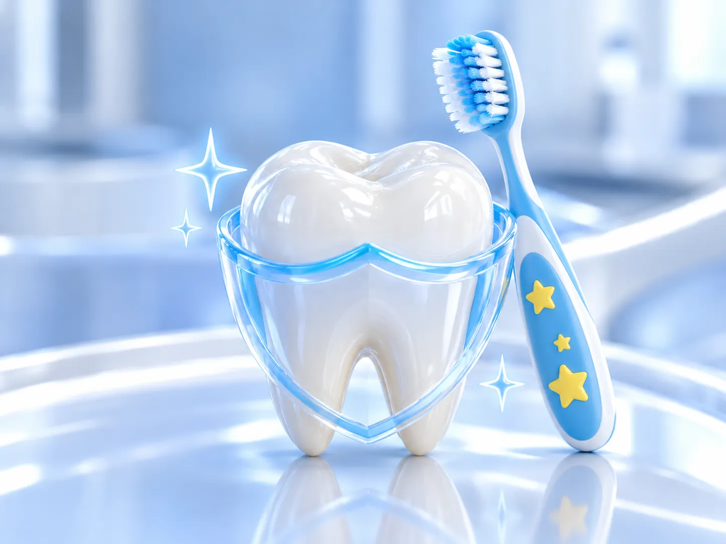 Çocuk diş hekimliği hakkında temsili 3B dental illüstrasyon; gerçek hasta veya tedavi sonucu fotoğrafı değildir.