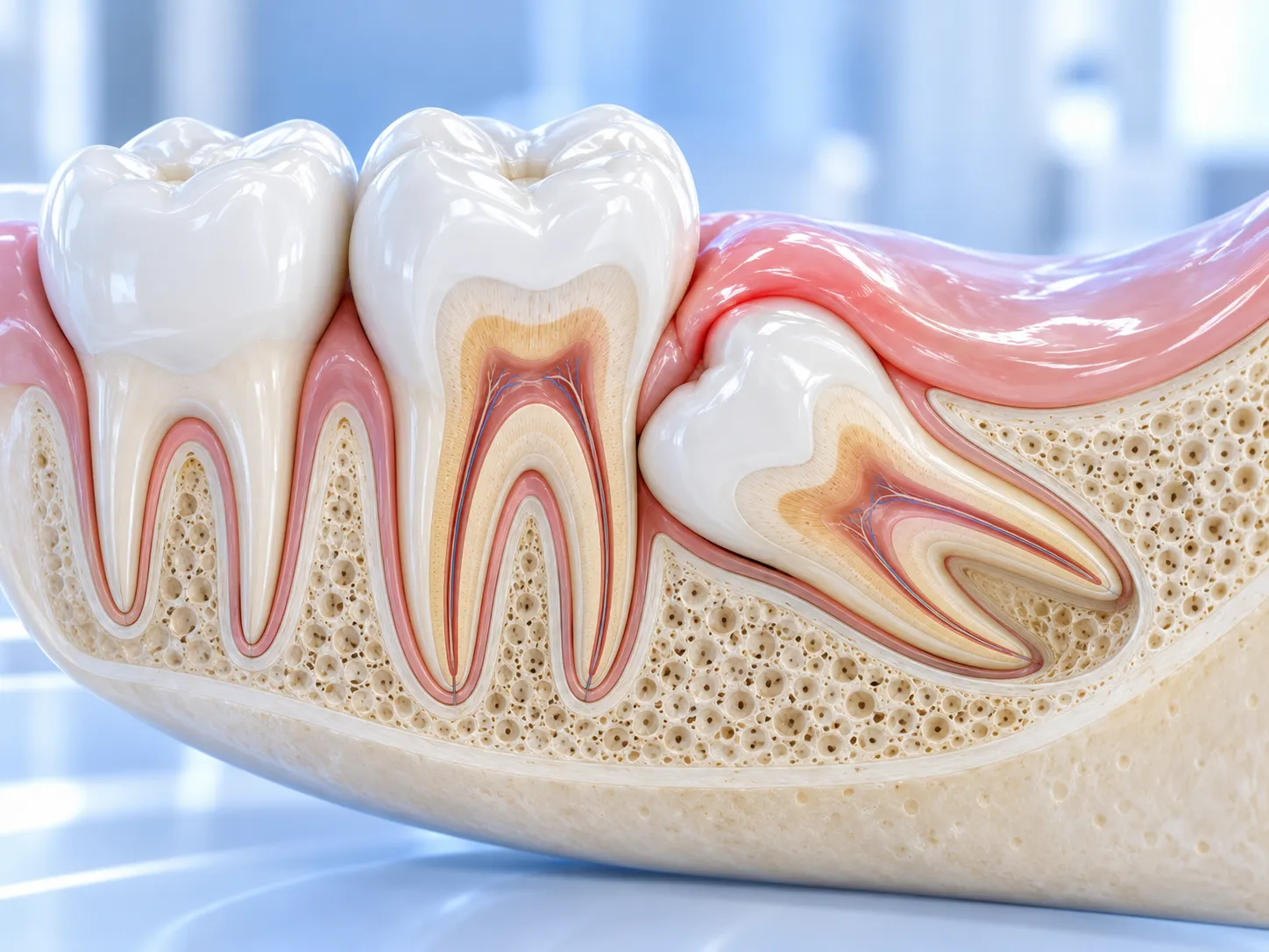 Diş çekimi ve gömülü yirmi yaş dişleri hakkında temsili 3B dental illüstrasyon; gerçek hasta veya tedavi sonucu fotoğrafı değildir.